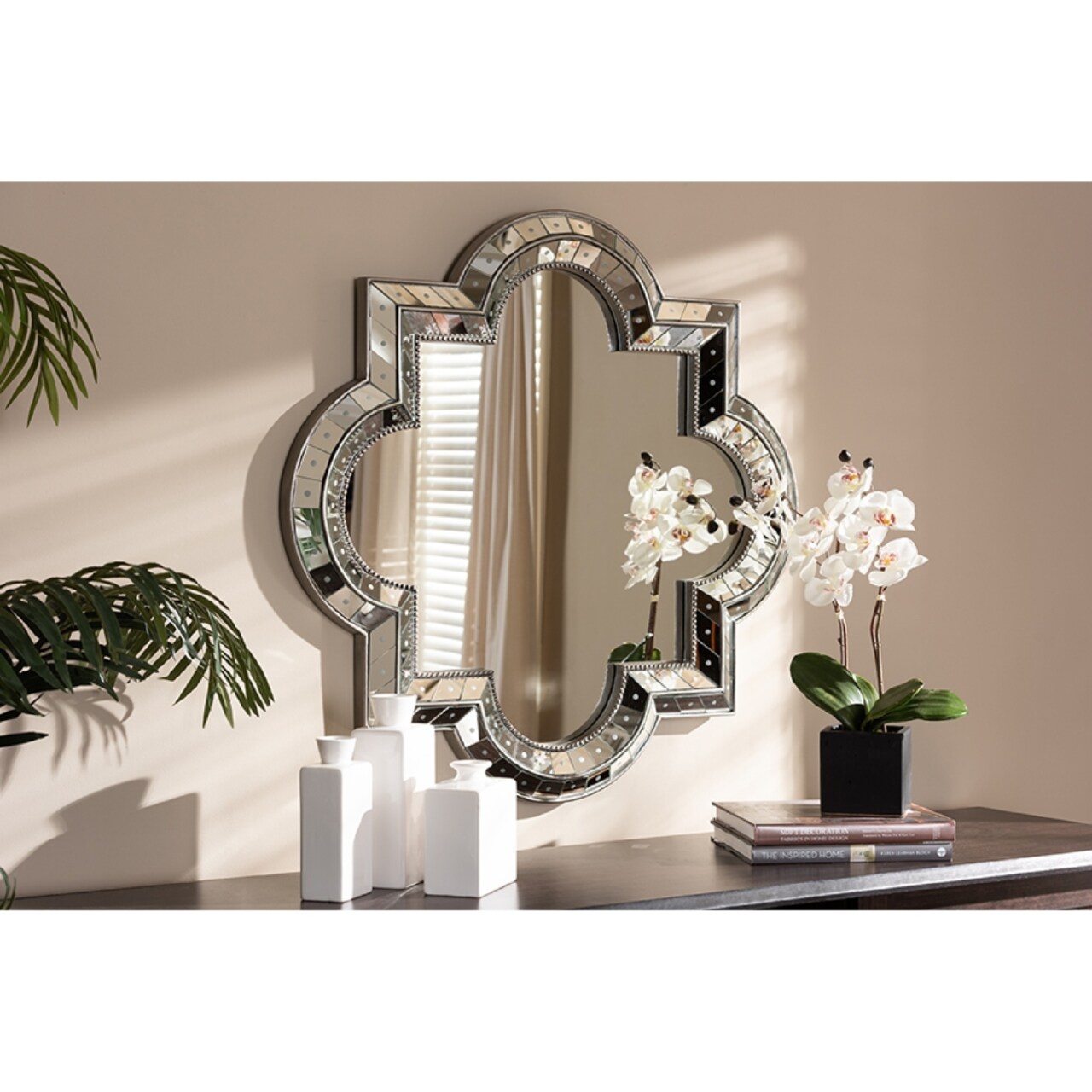 Wholesale Interiors Baxton Studio Catia Art Deco Antique Silver Finished Quatrefoil Accent Wall Mirror,